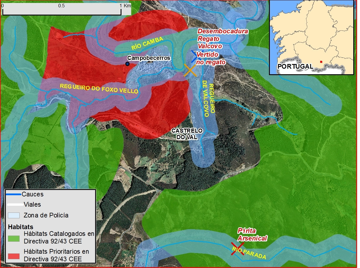 Proxección sobre un mapa das zonas afectadas polas obras do AVE na contorna de Campobecerros