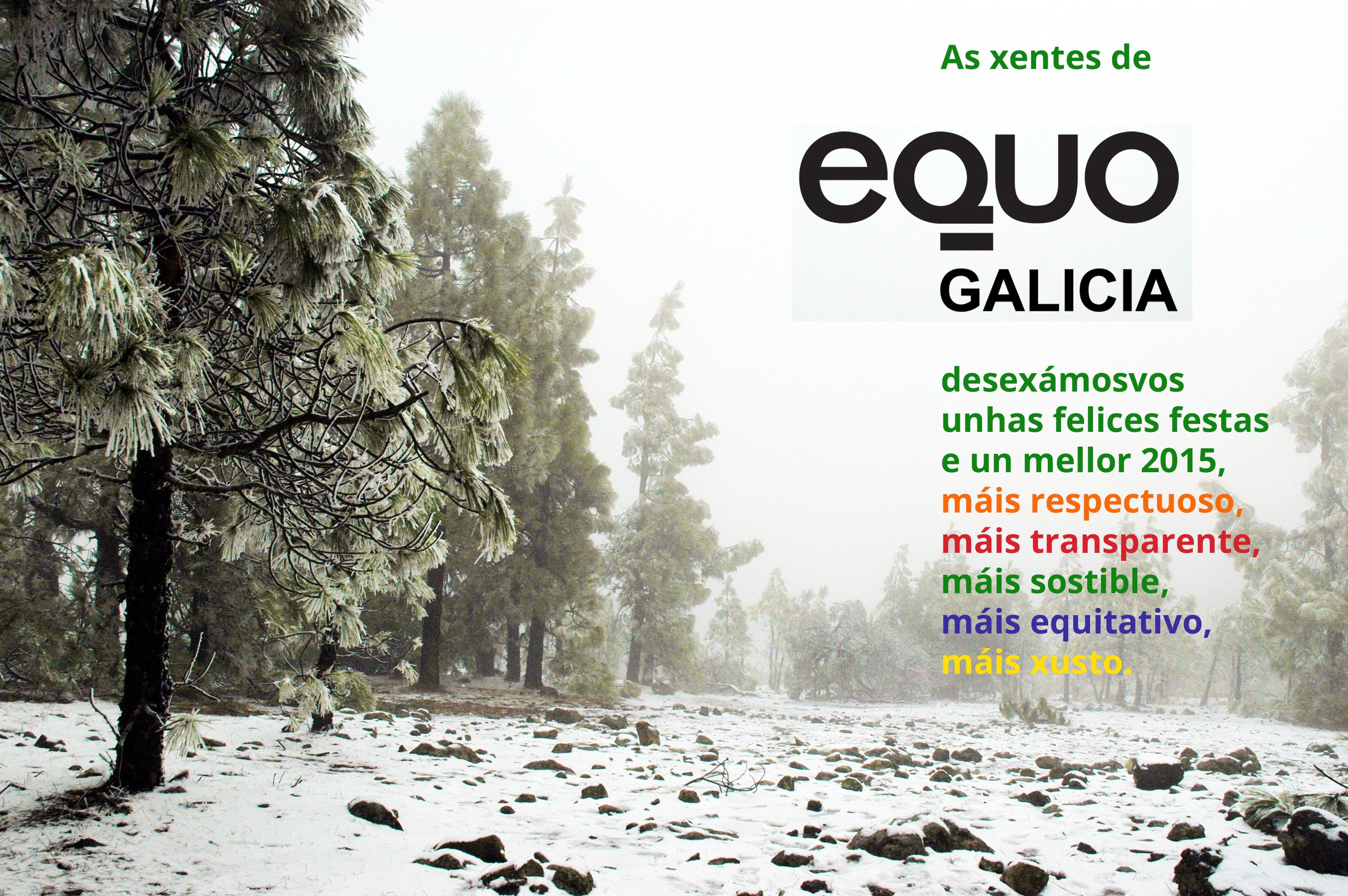 As xentes de EQUO Galicia desexámosvos unhas felices festas e un mellor 2015, máis respetuoso, máis transparente, máis sostible, máis equitativo, máis xusto.